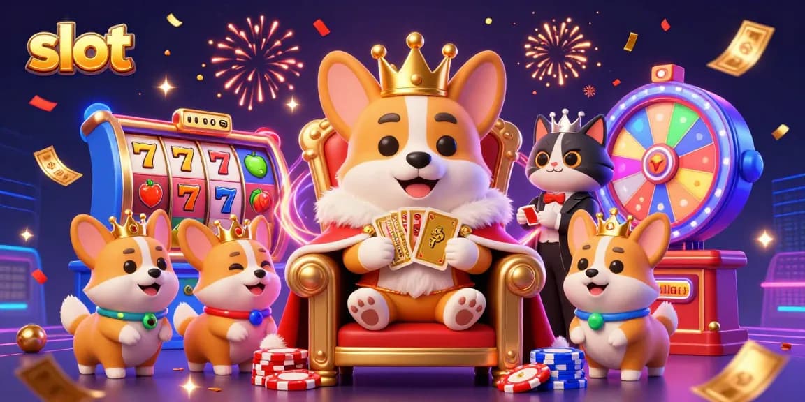 Spin the slot reels with a royal corgi on a throne amidst vibrant casino elements.