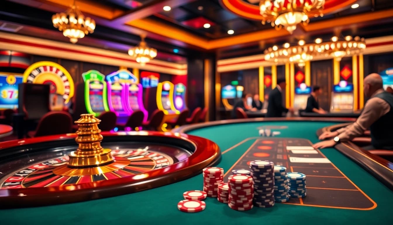 Action de jeu intense dans un casino en ligne France fiable avec des jetons de poker, des cartes et une roue de roulette.