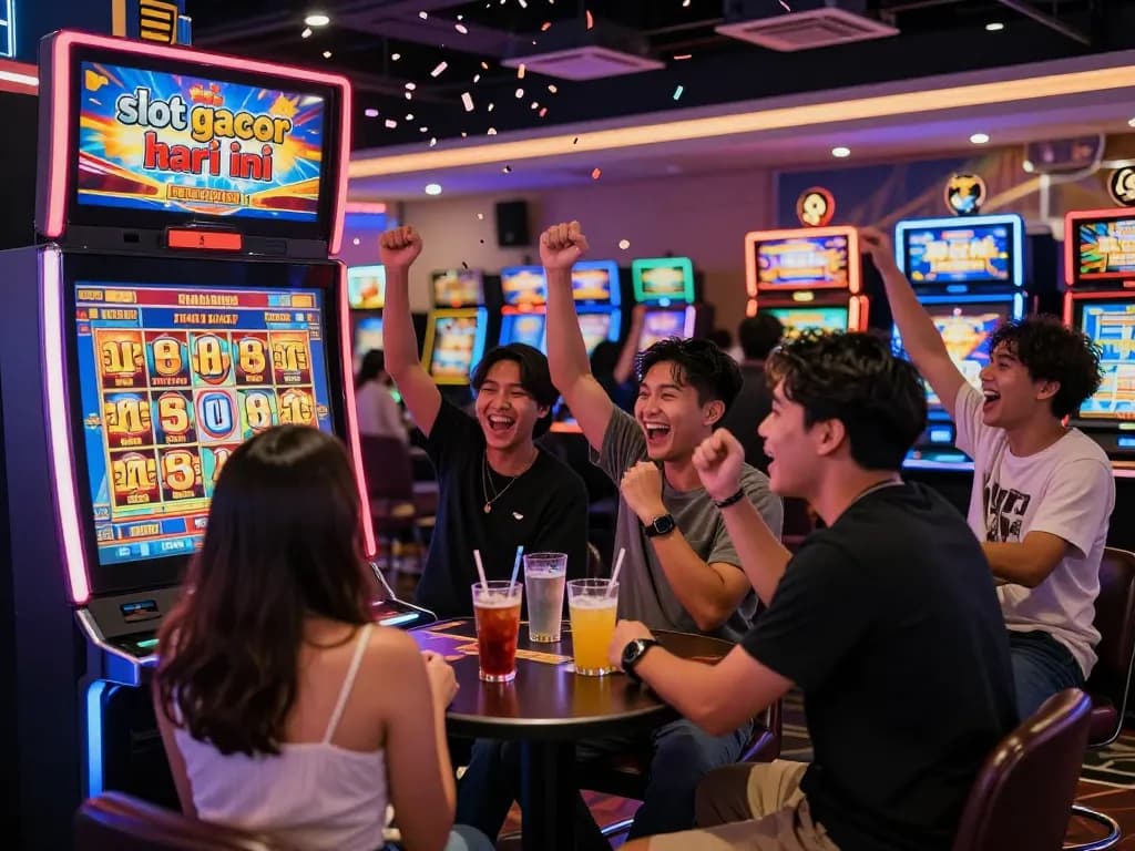 Friends celebrating at a slot machine marked slot gacor hari ini in a lively casino atmosphere.