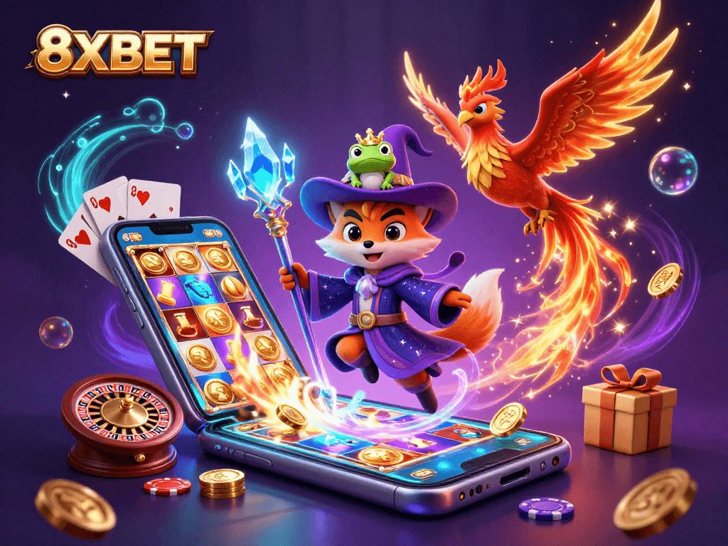 Engage with exciting casino dynamics at 8XBET with vivid 3D illustrations, glowing graphics, and gaming action.