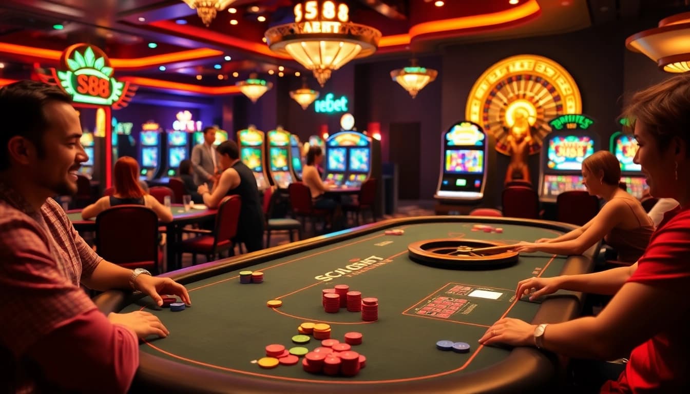 S88 bet players engaging in high-stakes poker at a vibrant casino table with colorful chips.