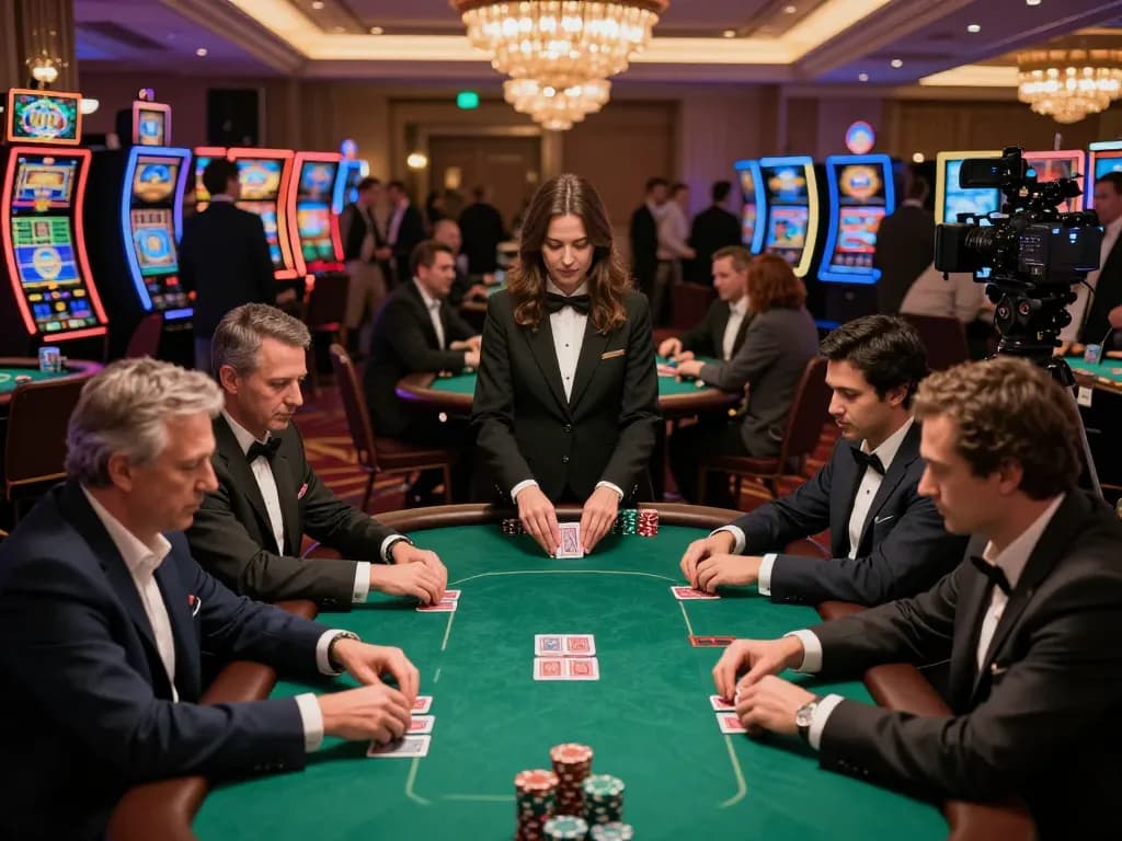 Players strategizing in f168 poker tournament full of excitement and elegance at a luxurious casino.