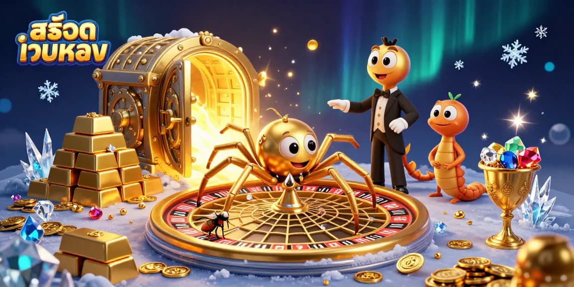Experience the thrill of สล็อตเว็บตรง as a golden spider spins a roulette web while a fly nervously places bets.
