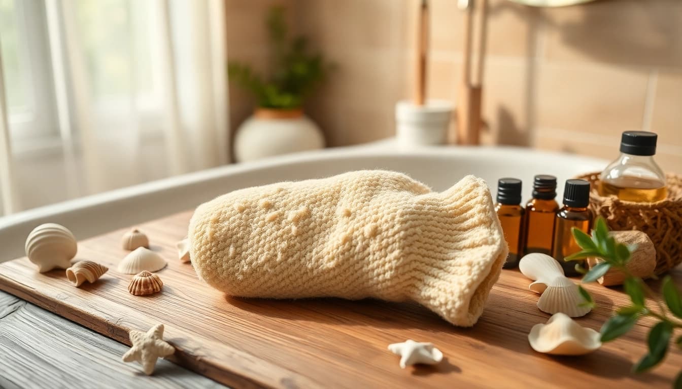 Transform daily routines with this hand loofah glove, showcasing its unique texture and gentle design.