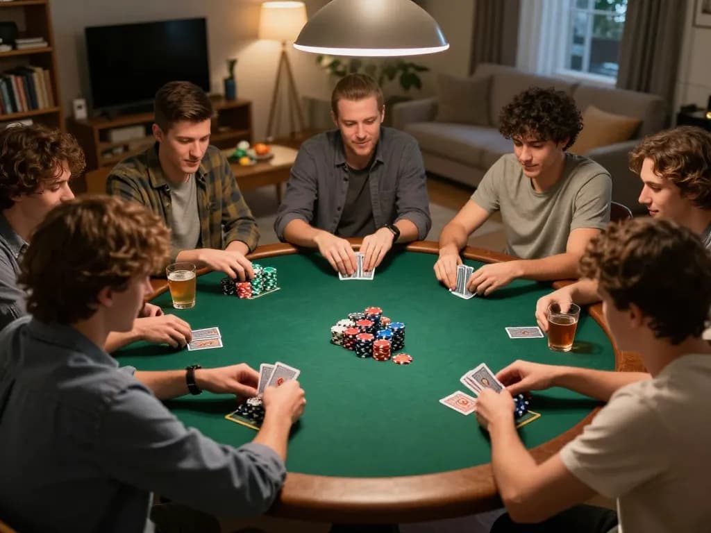 Engaging home game night scene with friends following the live draw Cambodia for their poker strategy.
