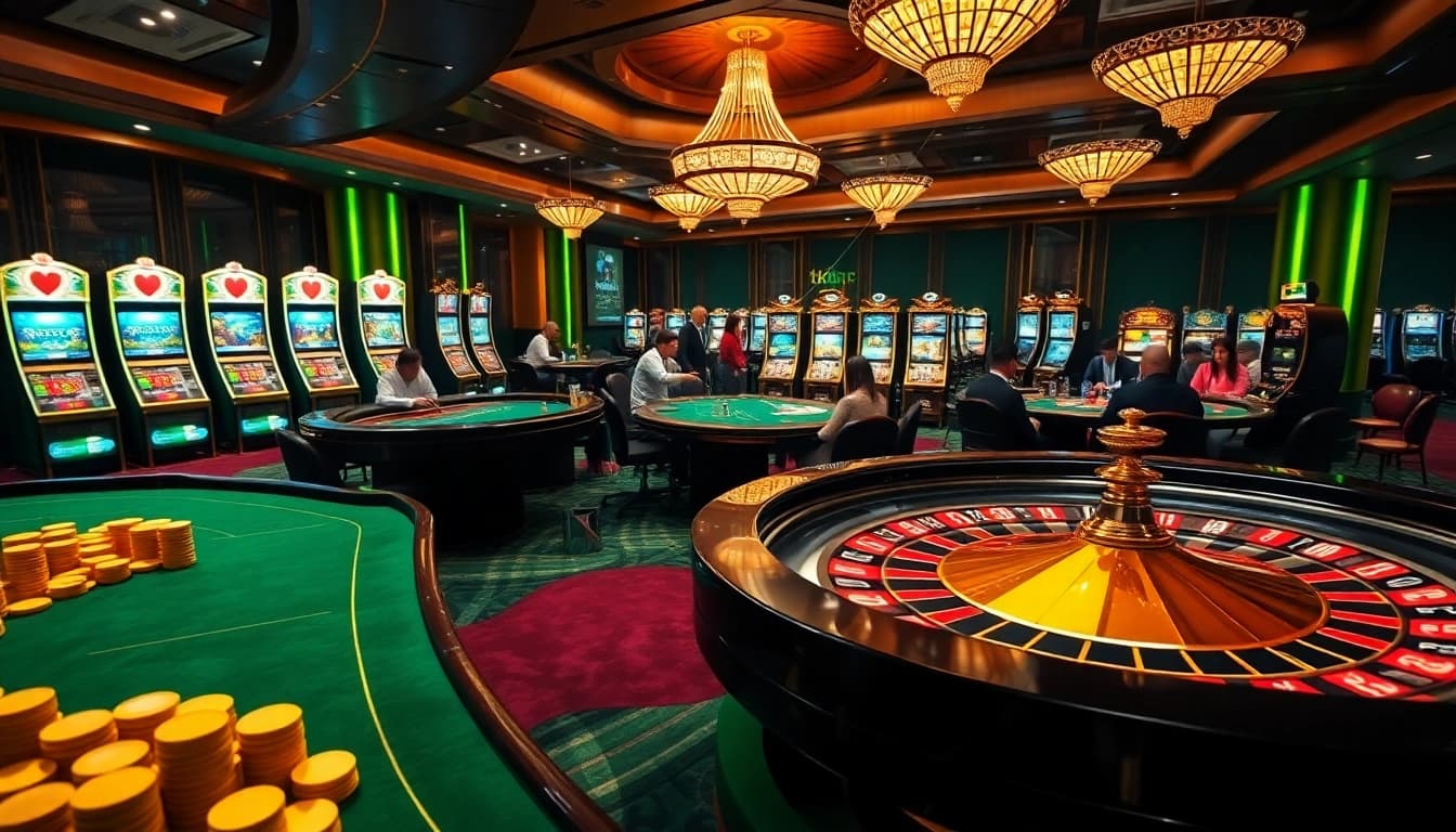 Experience excitement at tk88 with vibrant casino tables and lively gamblers.