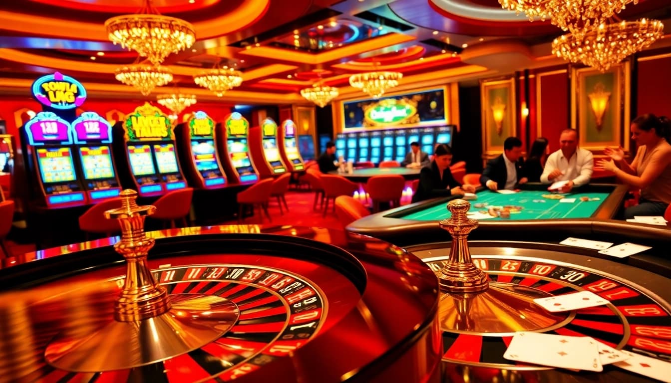 Joueurs engagés profitant d'une table de roulette animée dans un casino en ligne France fiable sous un éclairage chaleureux.