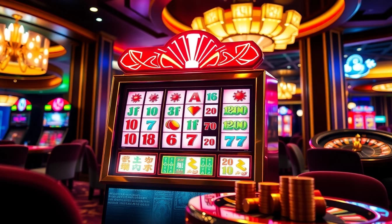 Experience the thrill of the mahjong slot demo with vibrant lights and dynamic gameplay in a luxurious casino setting.