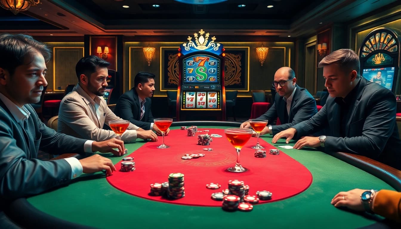Engaged players at a poker table immersed in high-stakes action, capturing the essence of https://fly88.deal/ casino excitement.