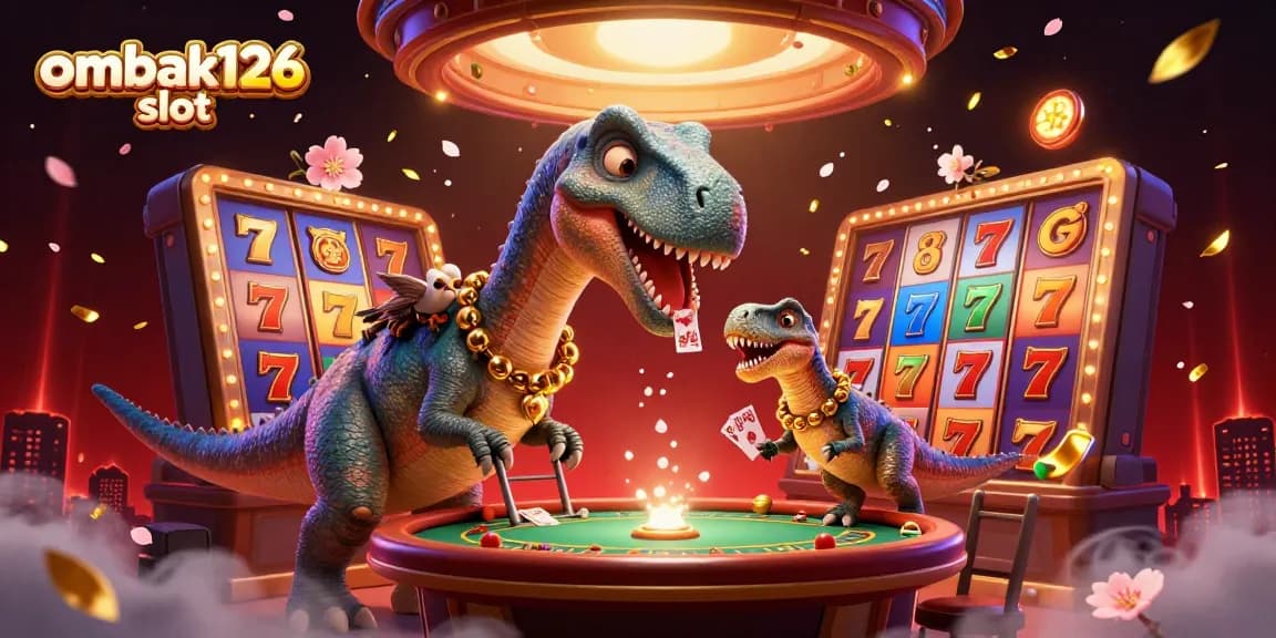 Experience thrilling gameplay with ombak126 slot as the brontosaurus watches over a vibrant casino scene filled with slot elements.