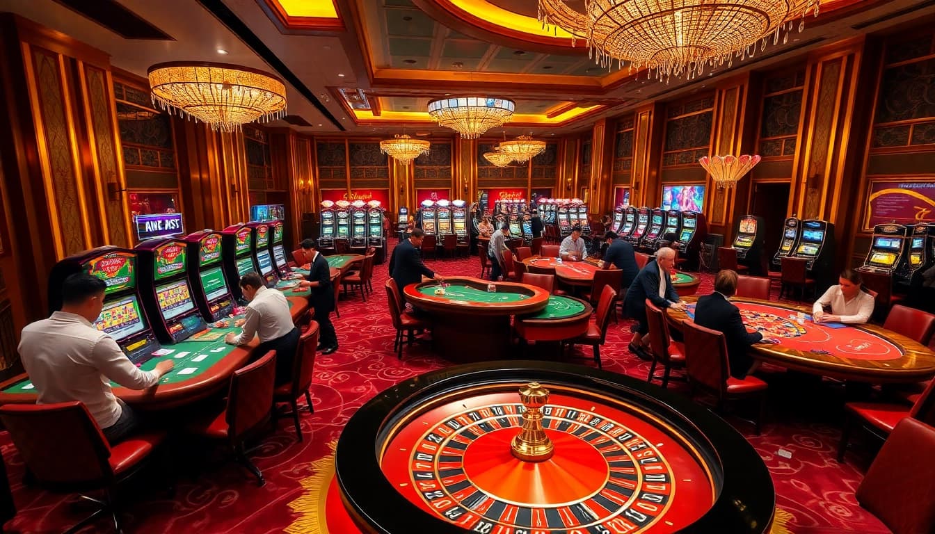 RR88 casino scene with roulette, poker tables, and vibrant slot machines in play.