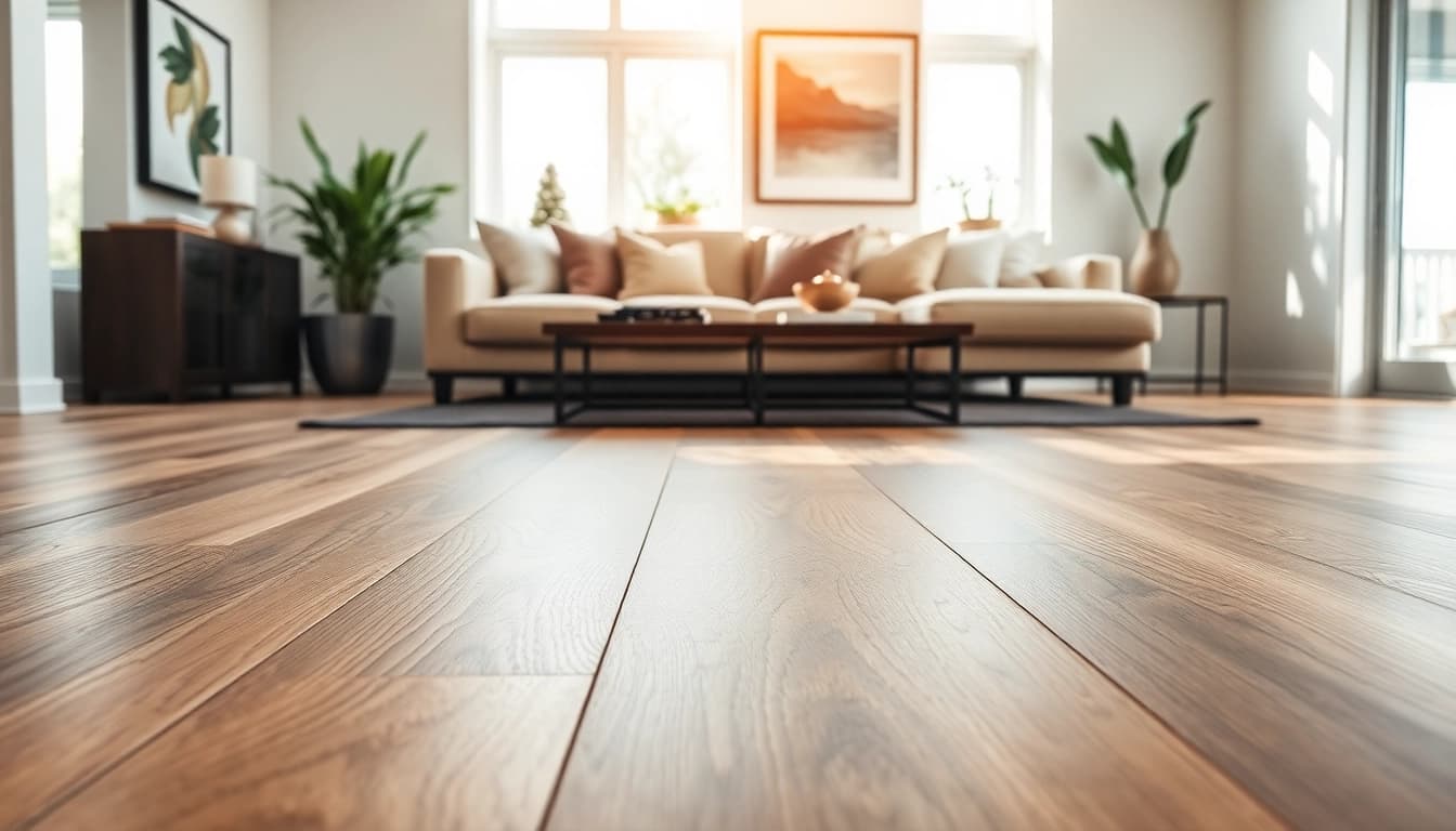 Showcase luxury vinyl flooring in a stylish living room with warm tones and natural sunlight.