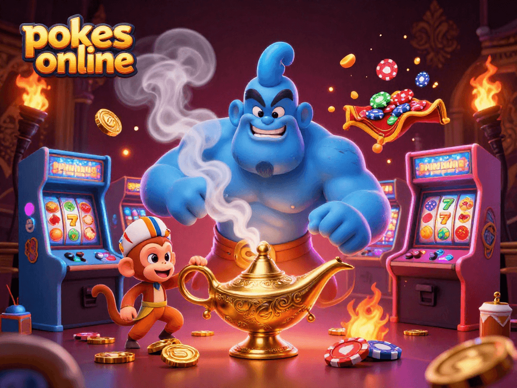 Engage in pokies online fun with a vibrant scene featuring a genie, monkey, and poker chips amidst dazzling game elements.
