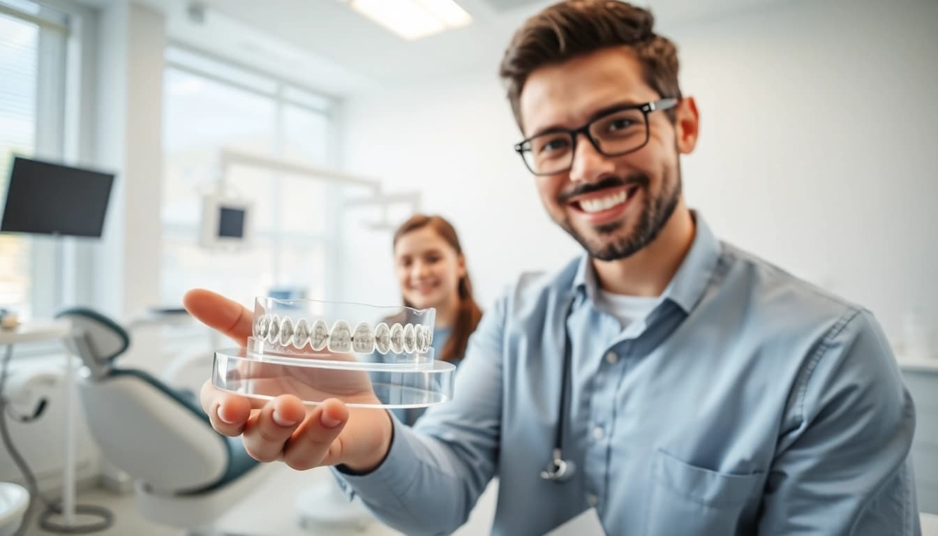 Friendly orthodontist edmonton showcasing clear aligners to a patient in a modern clinic.