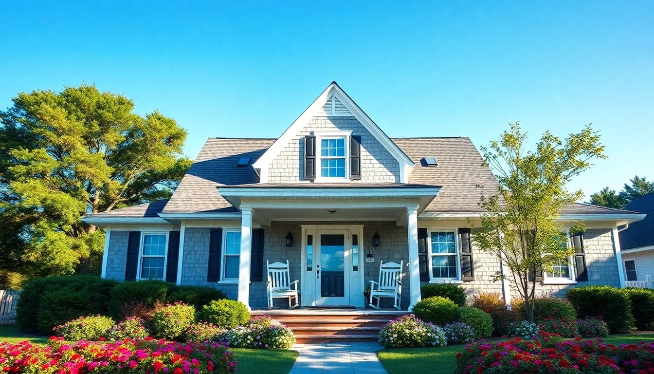 Showcasing a cape cod home with charming design elements in a vibrant garden.