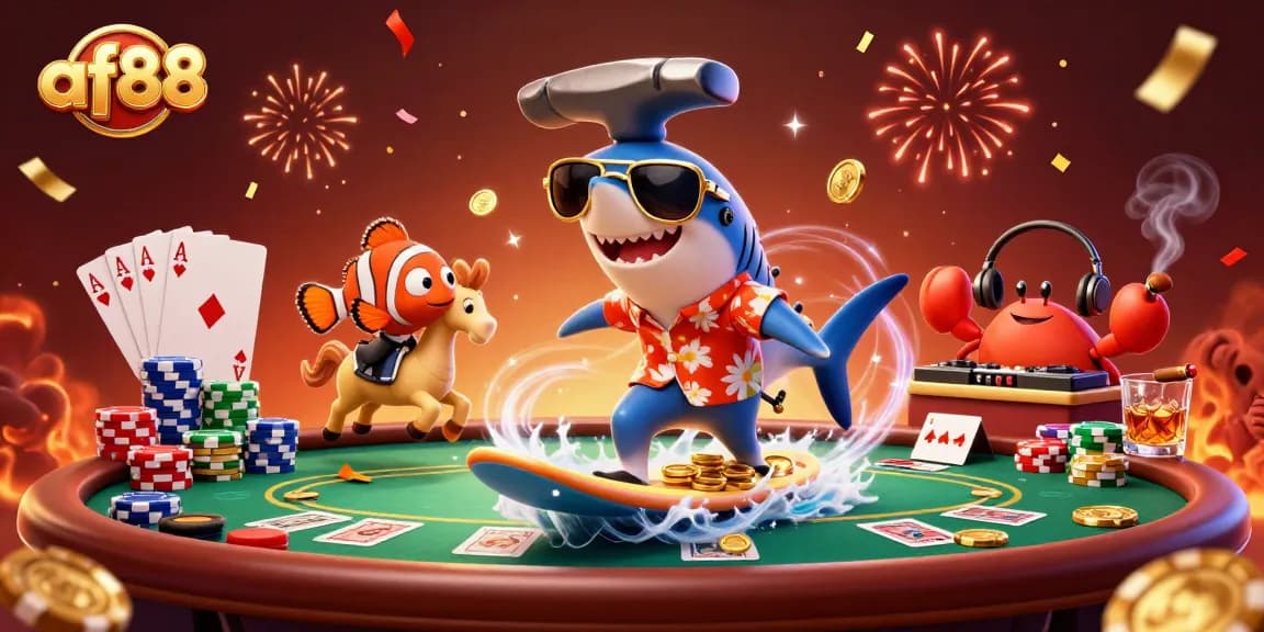Experience the excitement at af88 with a lively illustration of gaming characters celebrating in a vibrant casino atmosphere.