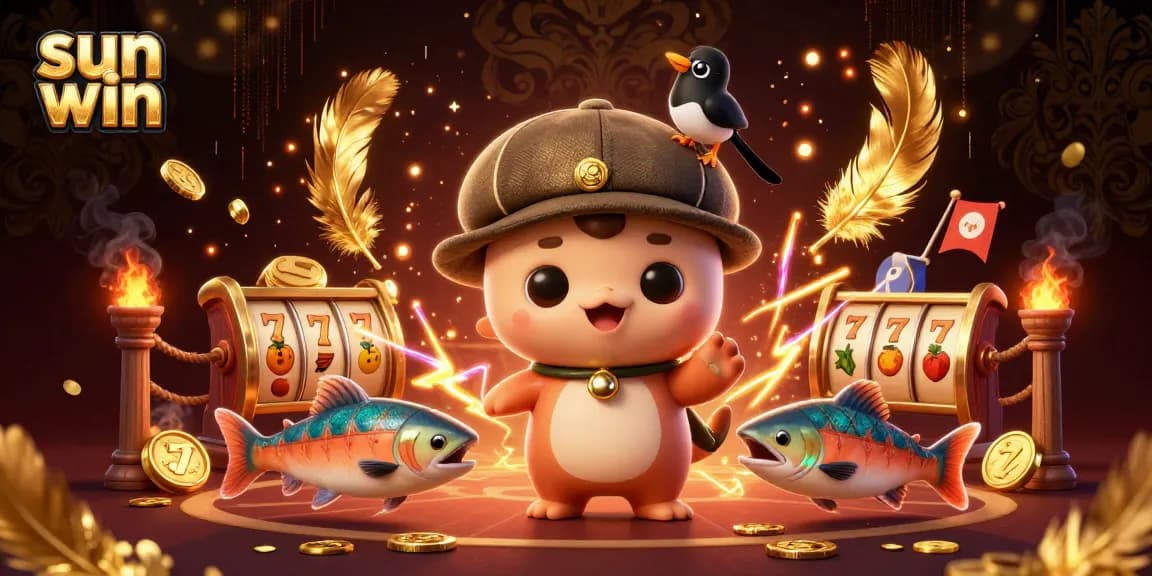Experience exciting slots with sun win's vibrant characters and casino elements in a playful scene.