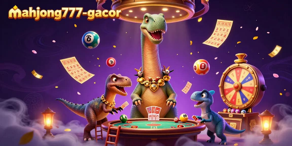 Engage with mahjong777-gacor in a vibrant casino scene with a playful dinosaur and lively game elements.