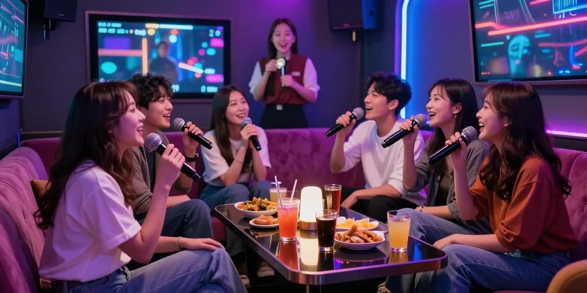 Enjoying the vibrant atmosphere of 인천쓰리노 with friends and a cheerful manager in a karaoke lounge.