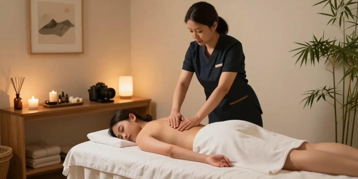 Relaxing scene of a professional therapist providing 스웨디시 massage in a serene wellness studio.