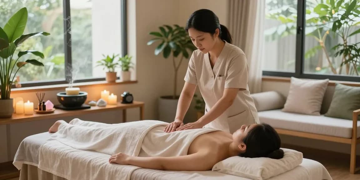 Relaxing 대구마사지 scene with therapist and serene spa environment