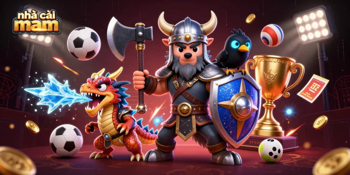 Experience thrilling wins at nhà cái vmax with an epic Viking warrior, dragon, and sports action in a vibrant casino scene.