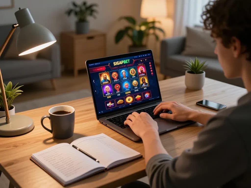 Enjoying SIGAPBET online gaming session with vibrant graphics and coffee on a stylish desk