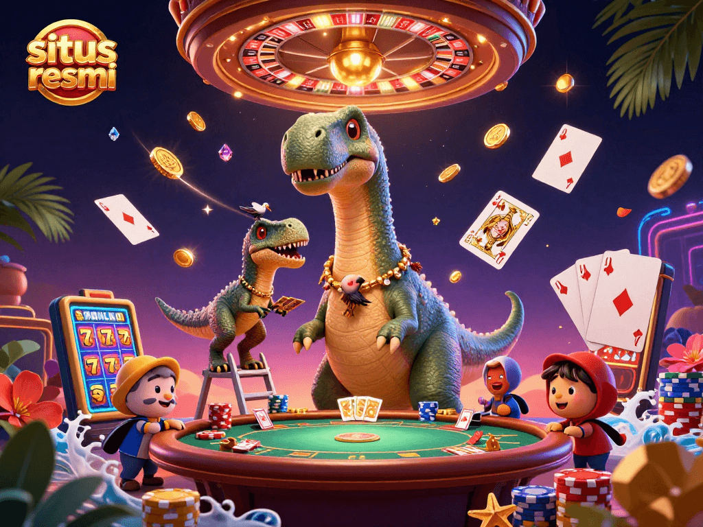 Exciting poker scene with a brontosaurus and a clever raptor at a situs resmi casino table.