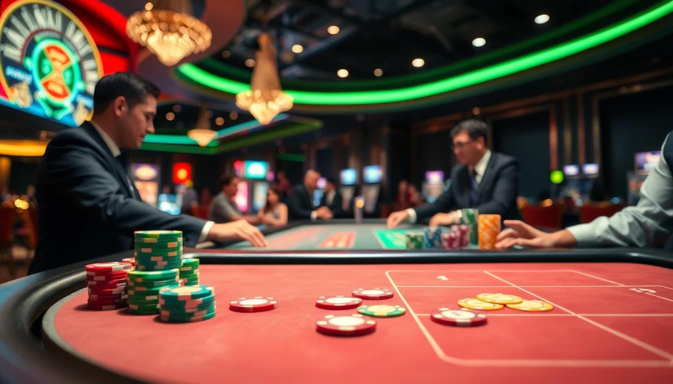 Berbagai permainan kasino situs toto dengan suasana antusias di meja yang ramai.