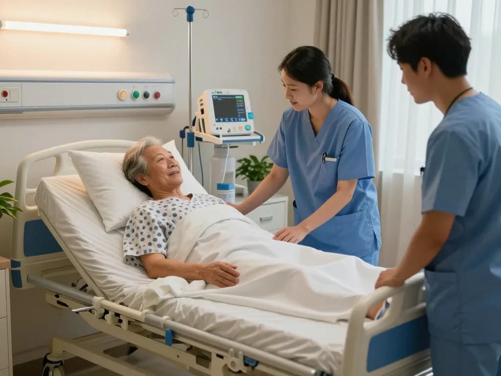 Comfortable hospital setup featuring a giường bệnh nhân in use, with supportive caregivers and medical equipment enhancing patient care.
