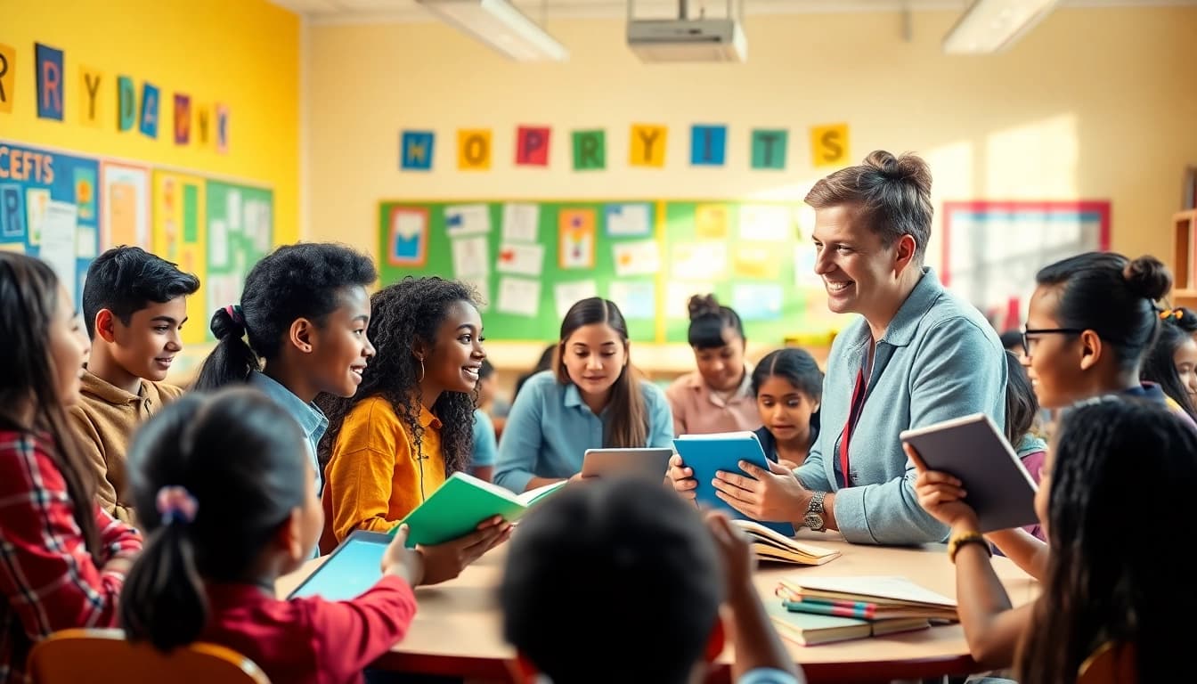 Dynamic classroom scene showcasing education through collaboration and technology.