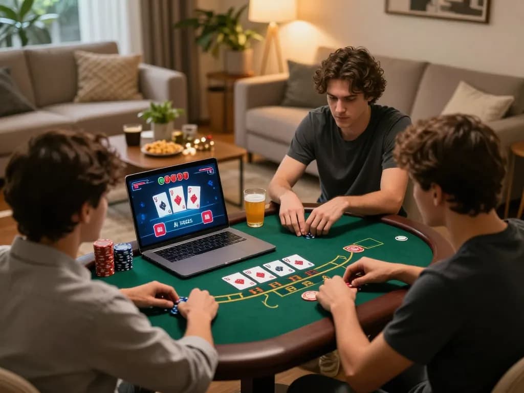 Engaged players enjoying the tg88 trang chủ online blackjack game in a cozy home setting, highlighting strategic gameplay.