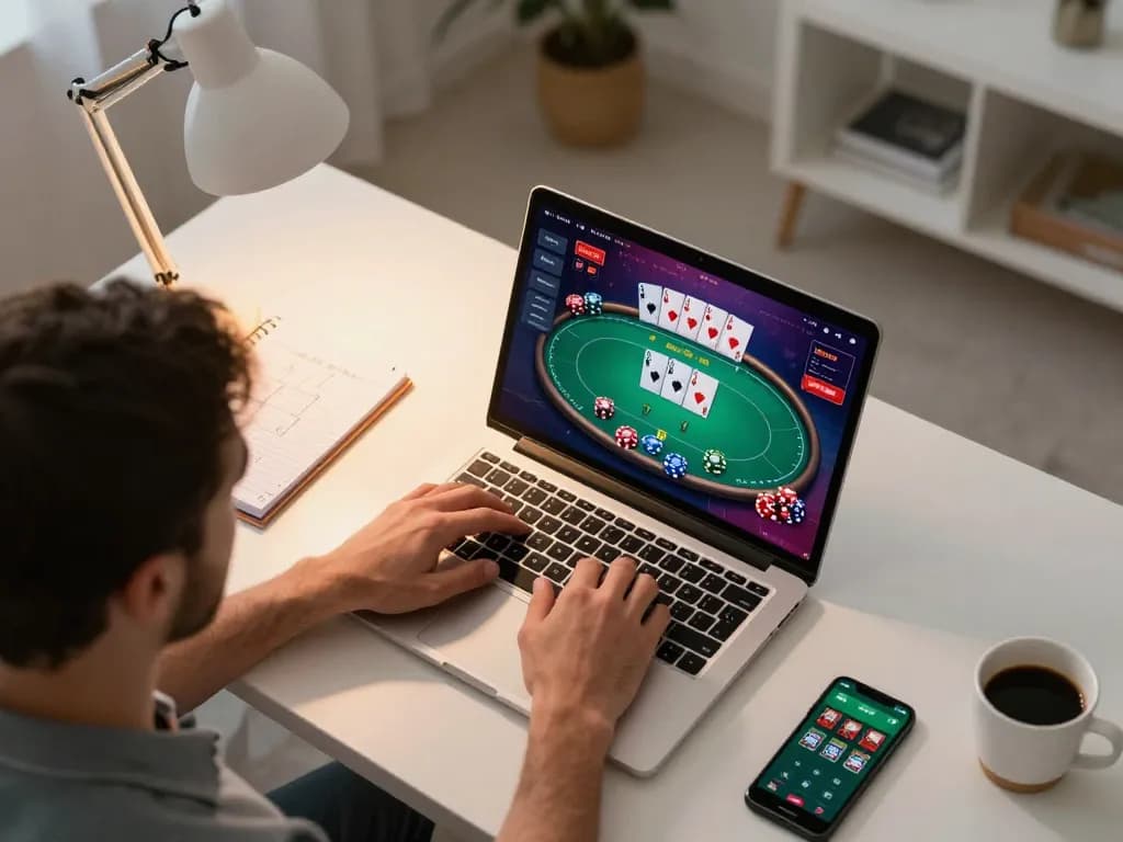 Engaging online poker session with 388bet platform displayed on laptop, emphasizing strategic gaming setup.