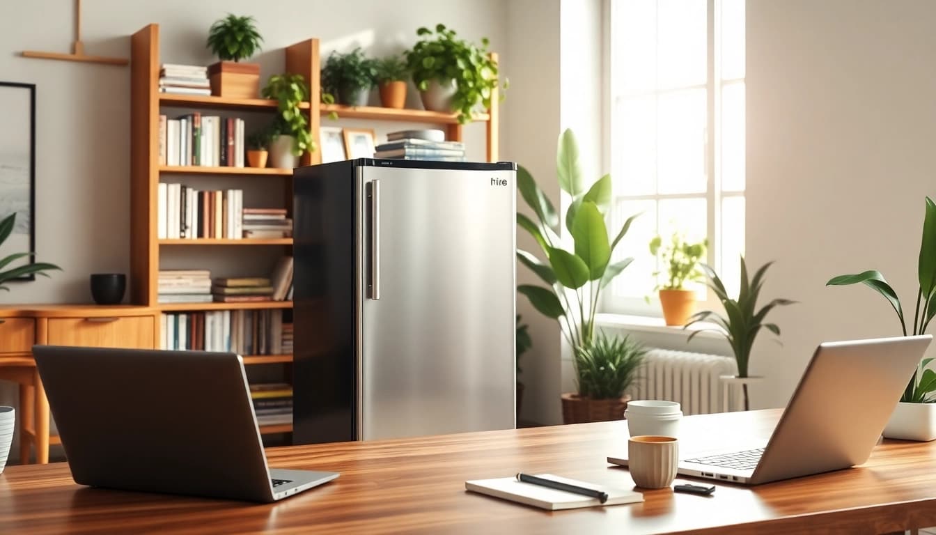 Explore the features of an affordable mini fridge and freezer in a modern workspace.