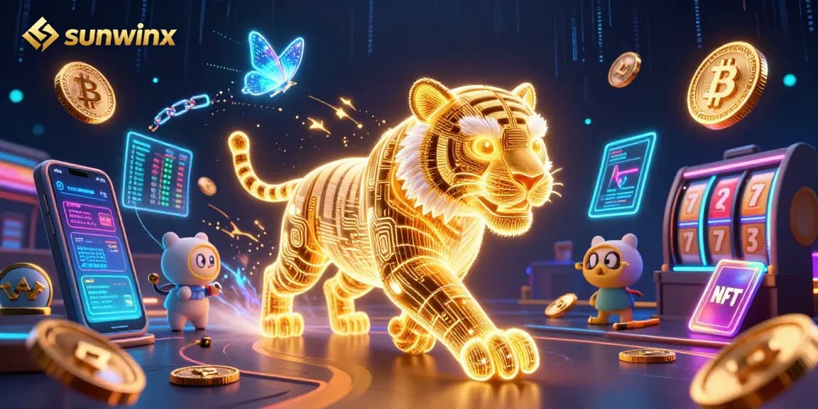 Win big with sunwinx in a vibrant casino scene featuring golden tiger and digital elements.