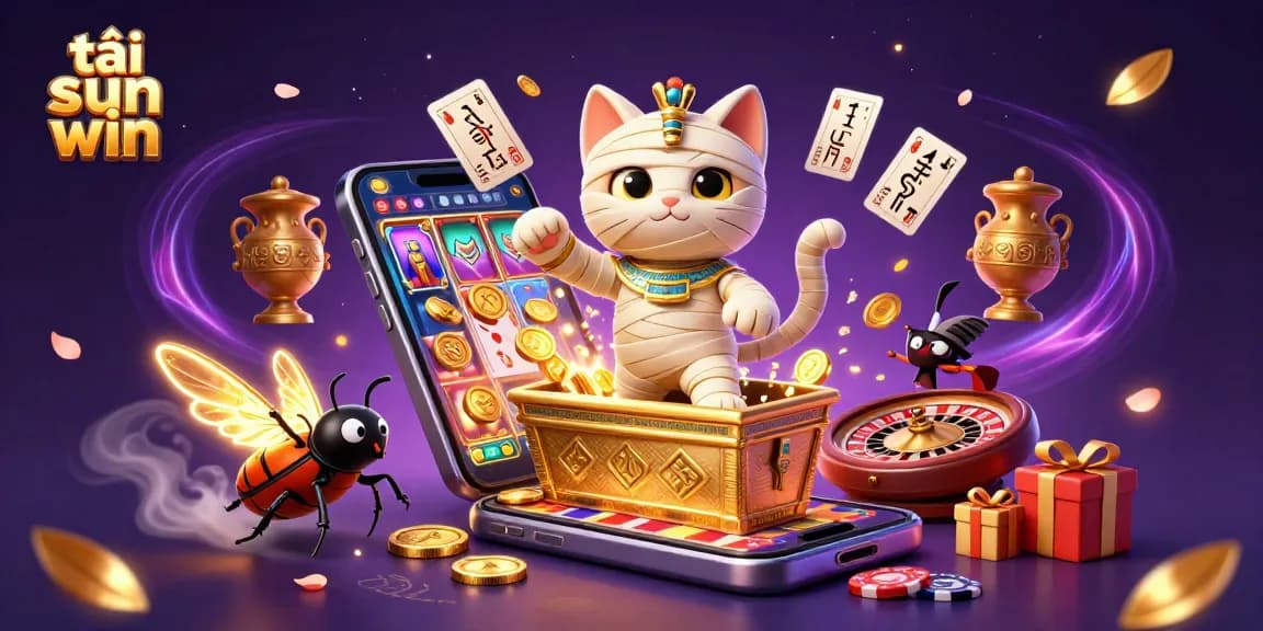 Play thrilling games at tải sun win with a vibrant illustration featuring a mummy cat and casino elements.