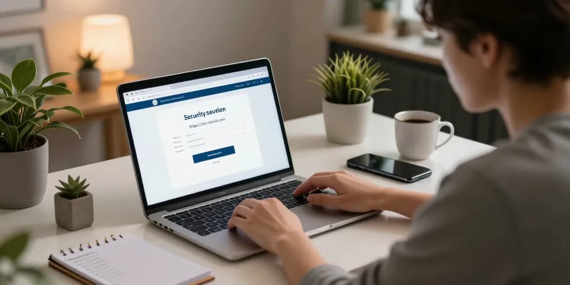Secure online shopping interface with user at desk waiting on https://shs-dome5.com/ verification.