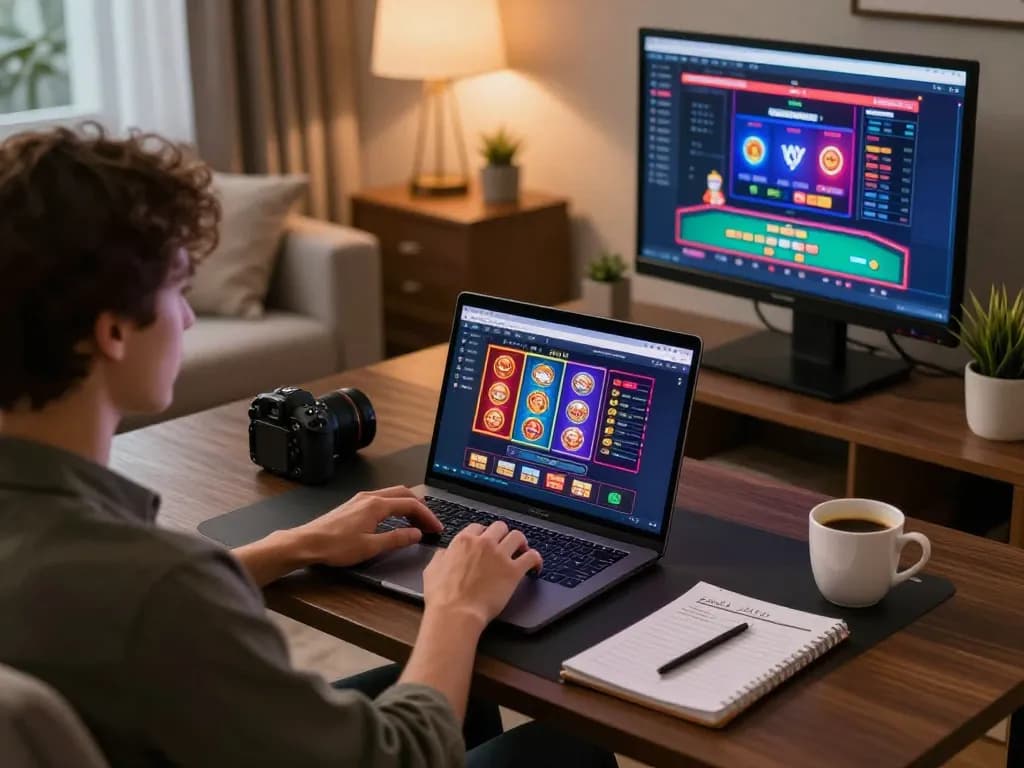 Engaged user enjoying NHÀ CÁI CM88's online casino experience at home, showcasing vibrant gaming interface.