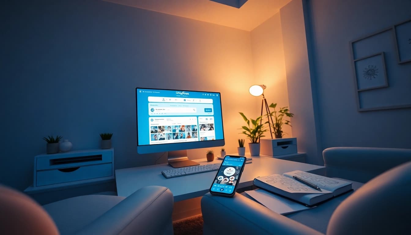OnlyFans Search interface on a modern workspace computer with creative elements.