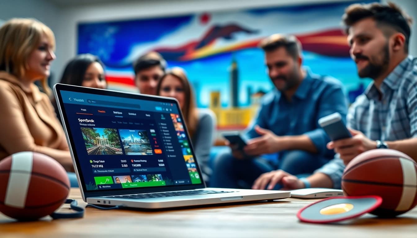 Experience engaging online sportsbooks California with diverse bettors enjoying sports betting on laptops.
