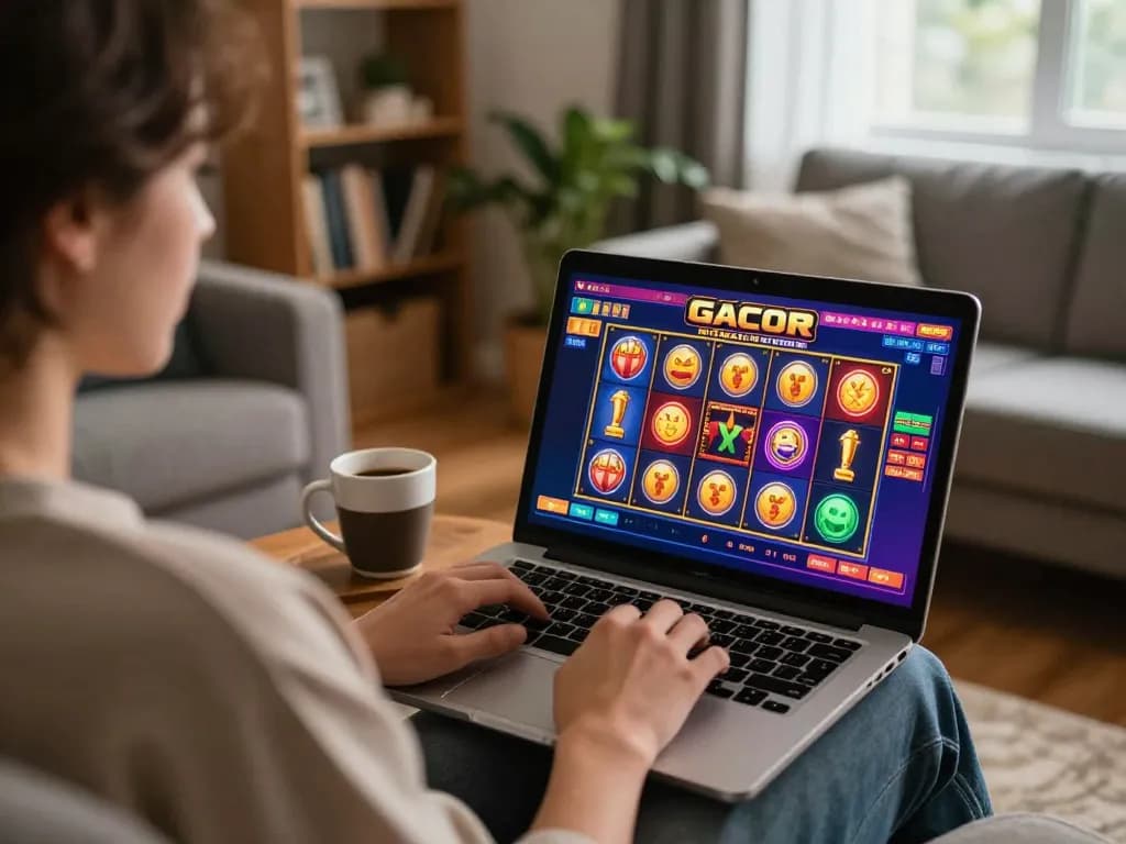 Memainkan slot gacor dari pengaturan rumah yang nyaman, menampilkan lingkungan permainan mobile dengan interaksi dinamis.