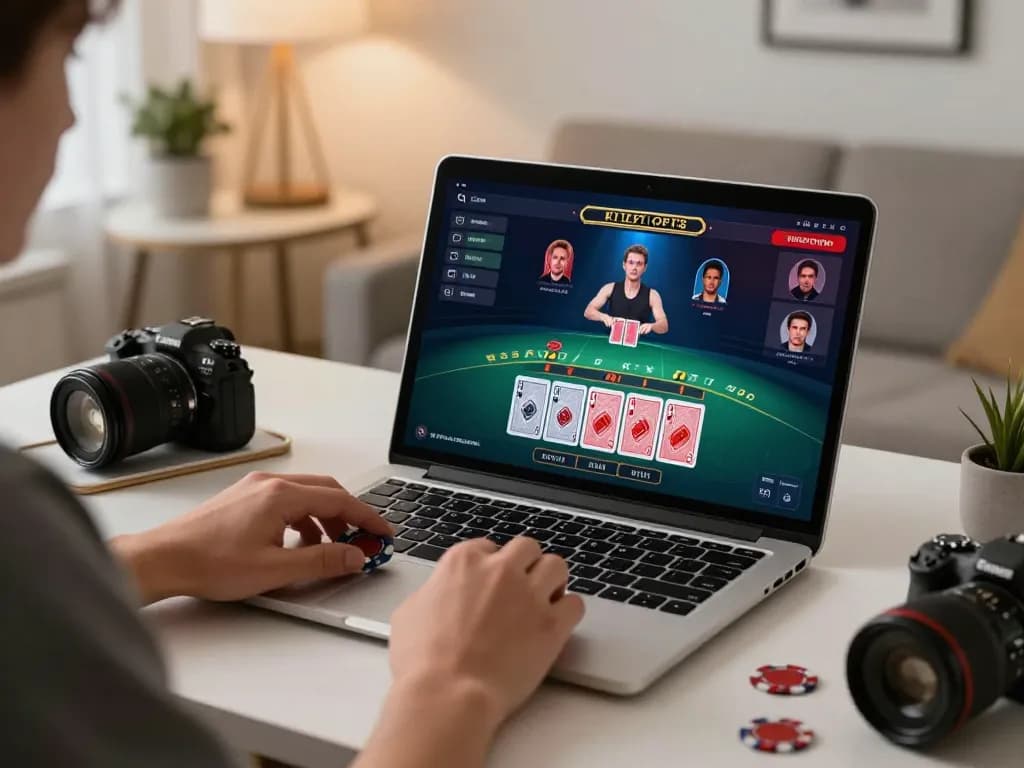 Player engaging with sunwinapk through live dealer blackjack on a laptop, capturing strategic gaming moments.