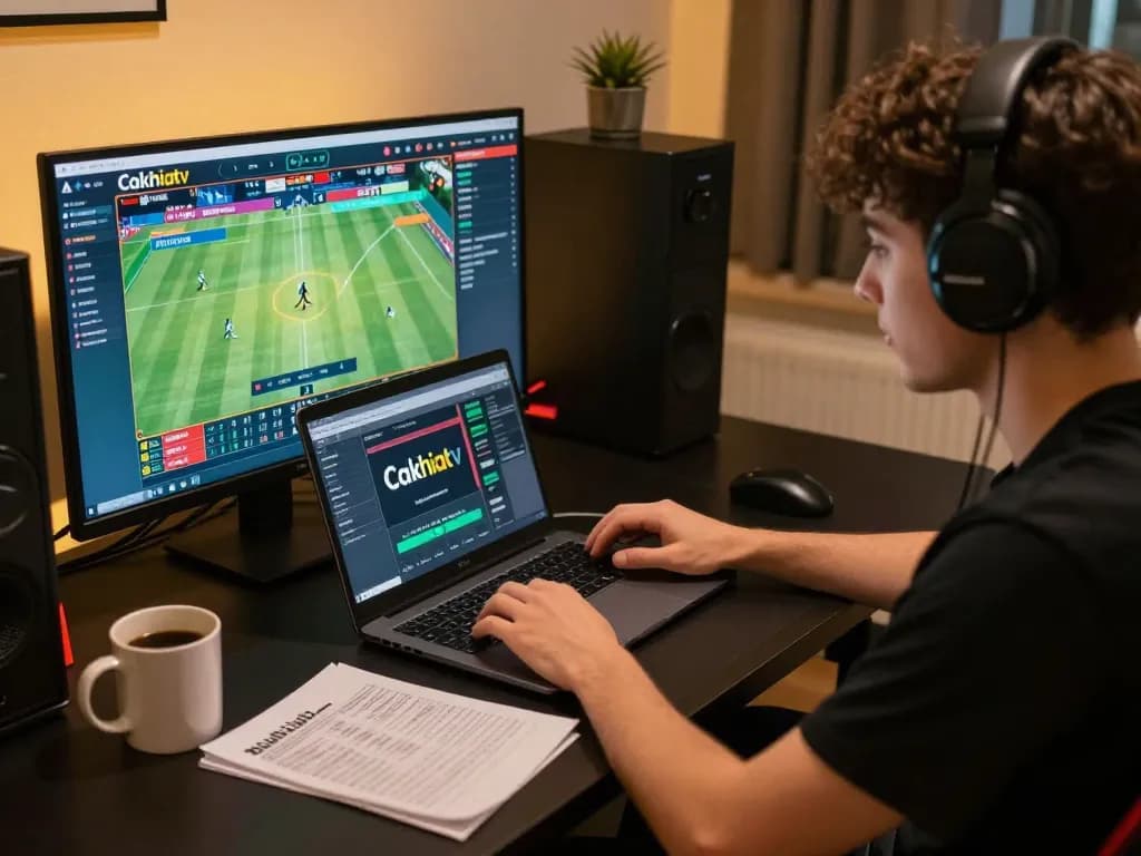Cakhiatv user engaging in live sports betting with focused demeanor and organized setup.