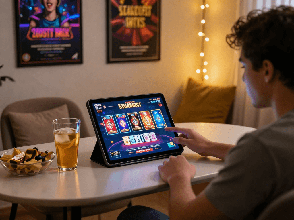 Engaged player using rokok88 daftar on high-resolution tablet in cozy gaming setup.