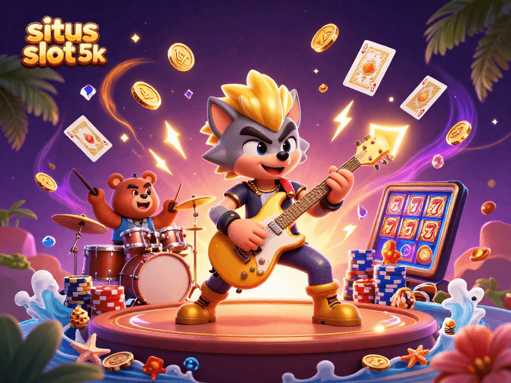 Experience thrilling gameplay on situs slot 5k with a vibrant scene of gold coins and slot machine excitement.