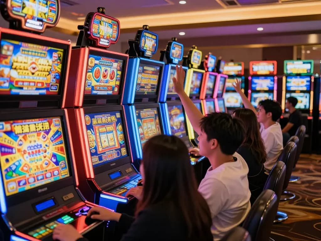 Engaging gameplay at slot jepang machines in an upscale casino showcasing vibrant excitement.