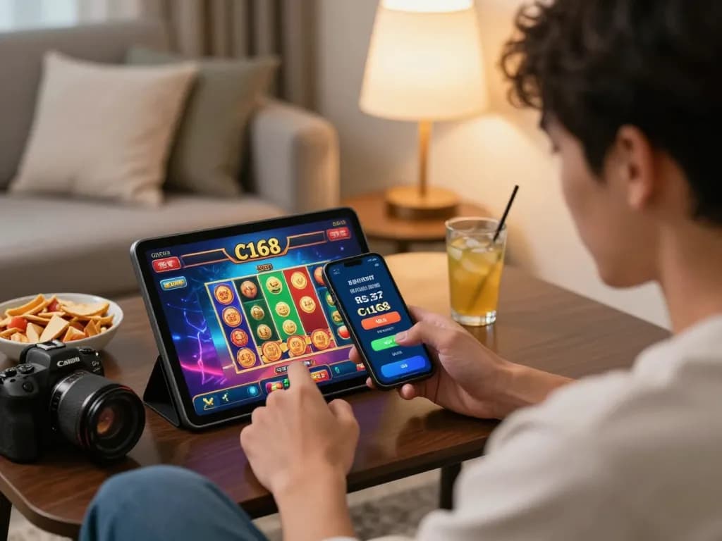 C168 đăng nhập process with a player using mobile app in a cozy home gaming setup.