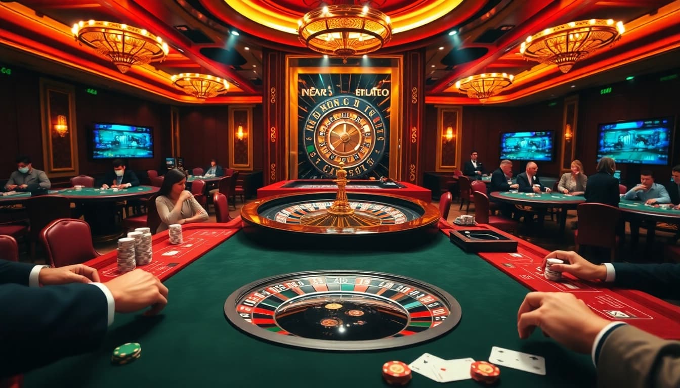 Une foule profitant d'un casino en ligne France fiable vibrant avec des tables de roulette et de poker, augmentant l'excitation du jeu.
