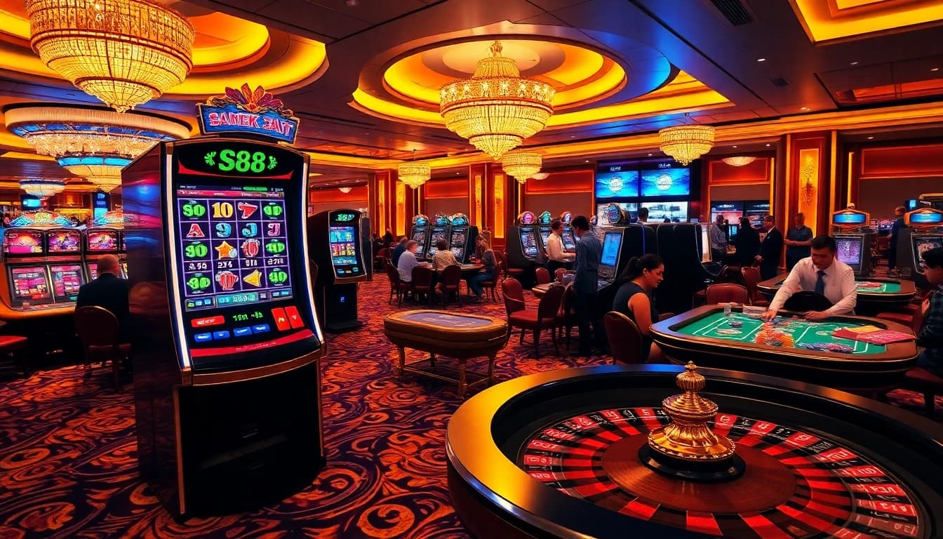S88 slot machine surrounded by vibrant casino atmosphere with players engaged.