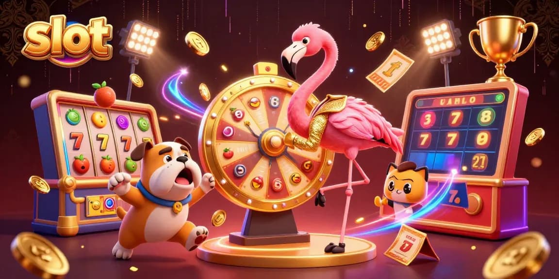 Spin exciting slot reels in this vibrant casino illustration featuring a flamingo and bulldog.